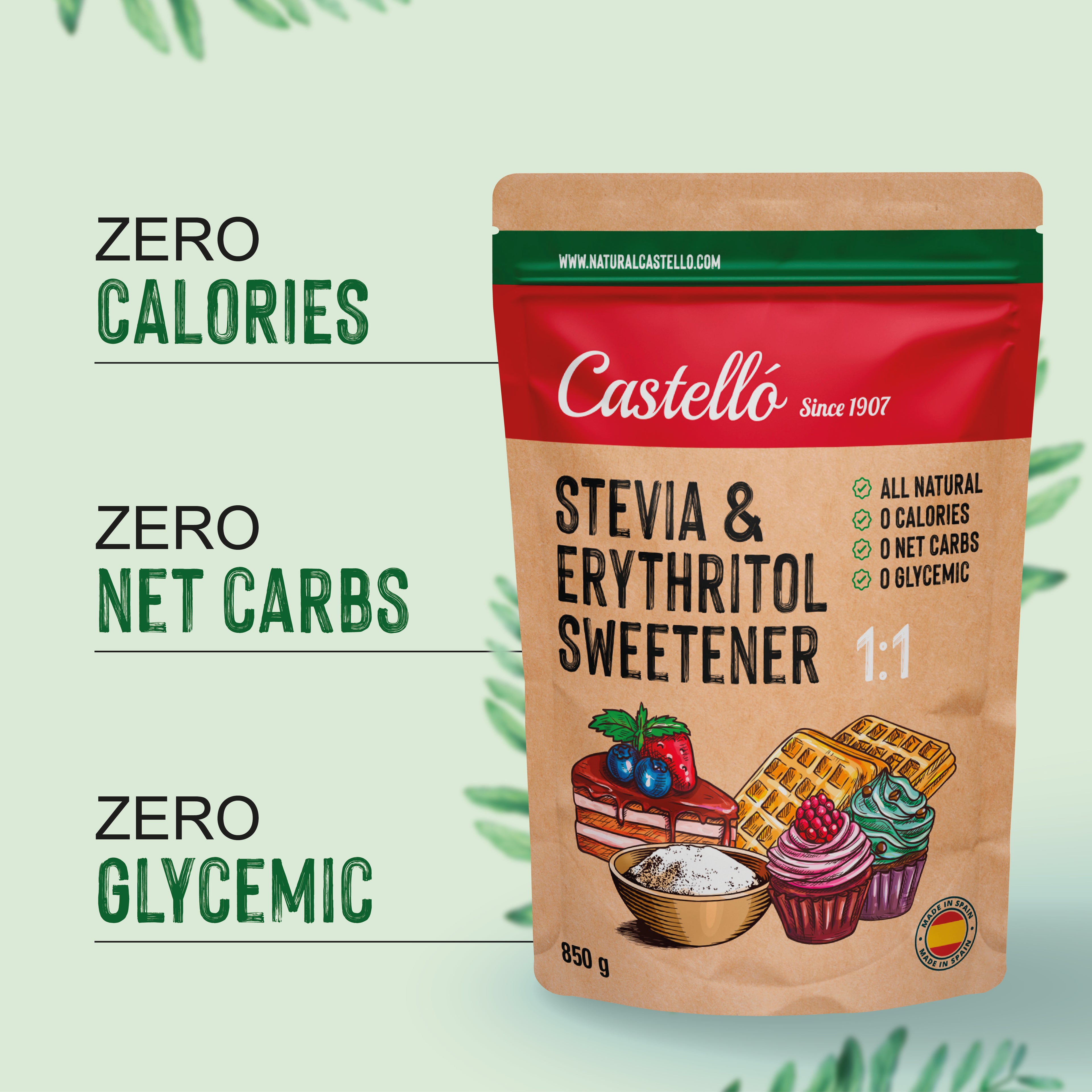 Stevia + Eritritol 1:1 (850 g) - Sustitución Directa y Natural