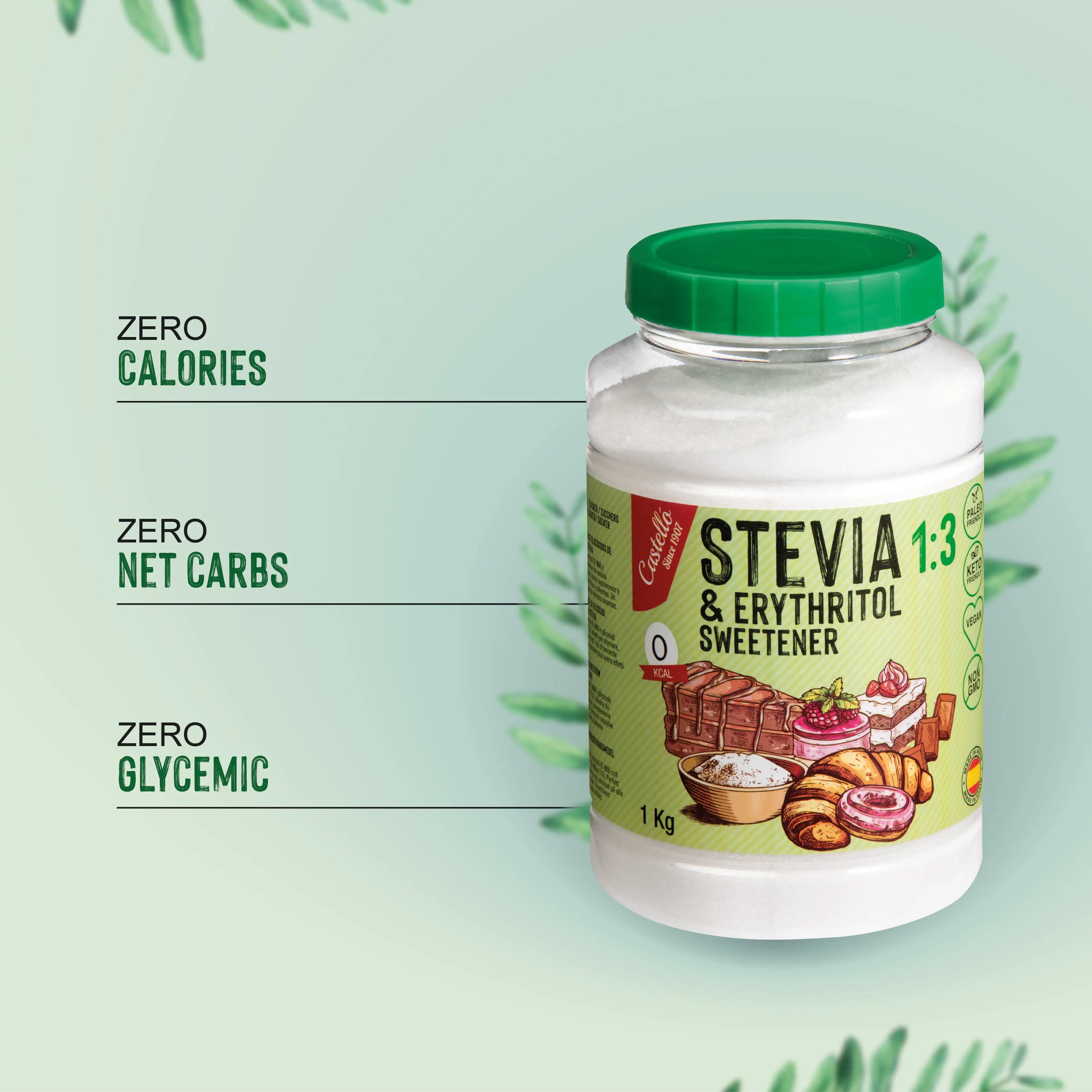 Infografía de edulcorante Stevia 1:3 marca Castelló en bote de 1 kg con especificaciones nutricionales zero.